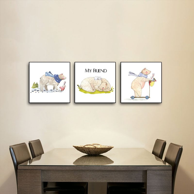 Đặt mua Bộ 3 tranh treo quán cà phê hình chú gấu W1087