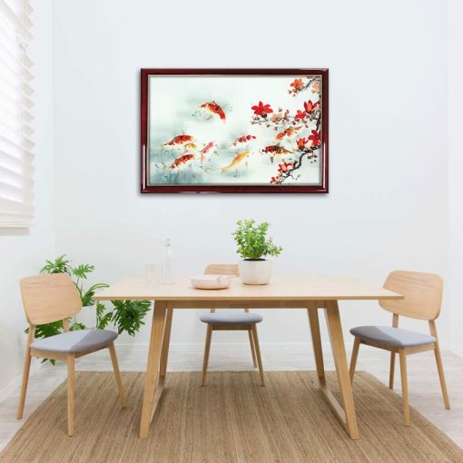 Tranh phong thủy cá chép và hoa lá - Tranh Cửu ngư đồ W1390