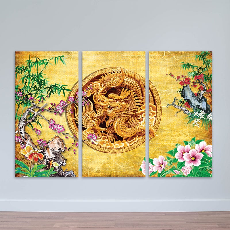 Bộ 3 tranh Tứ Quý Rồng Vàng | Tranh Kim Tiền Đào Lan Cúc Trúc - W1614