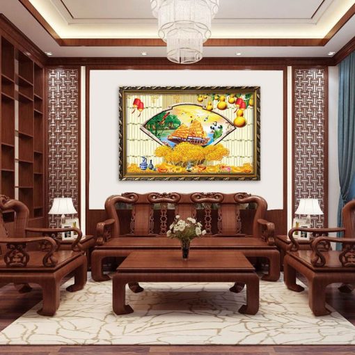 Tranh Kim Tiền Thuận buồm xuôi gió hình cách quạt giấy | Tranh Kim tiền vinh hoa phú quý - W1575