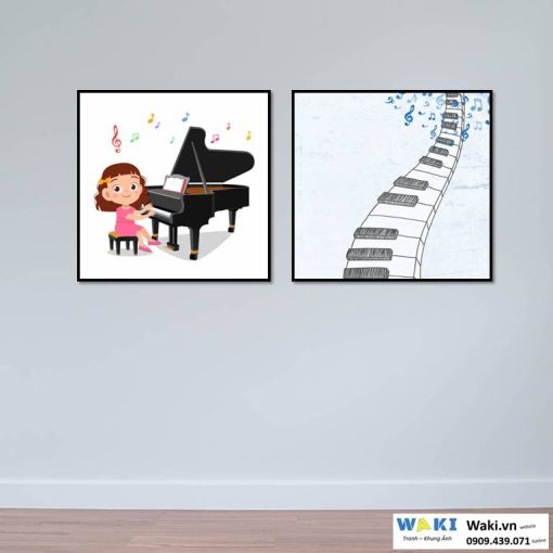 Bộ 2 tranh treo tường piano và bé gái | Tranh treo phòng âm nhạc đẹp W6384