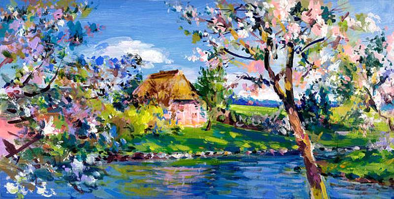 spring motif painting, landscape in lower saxony – oil paints on acrylics