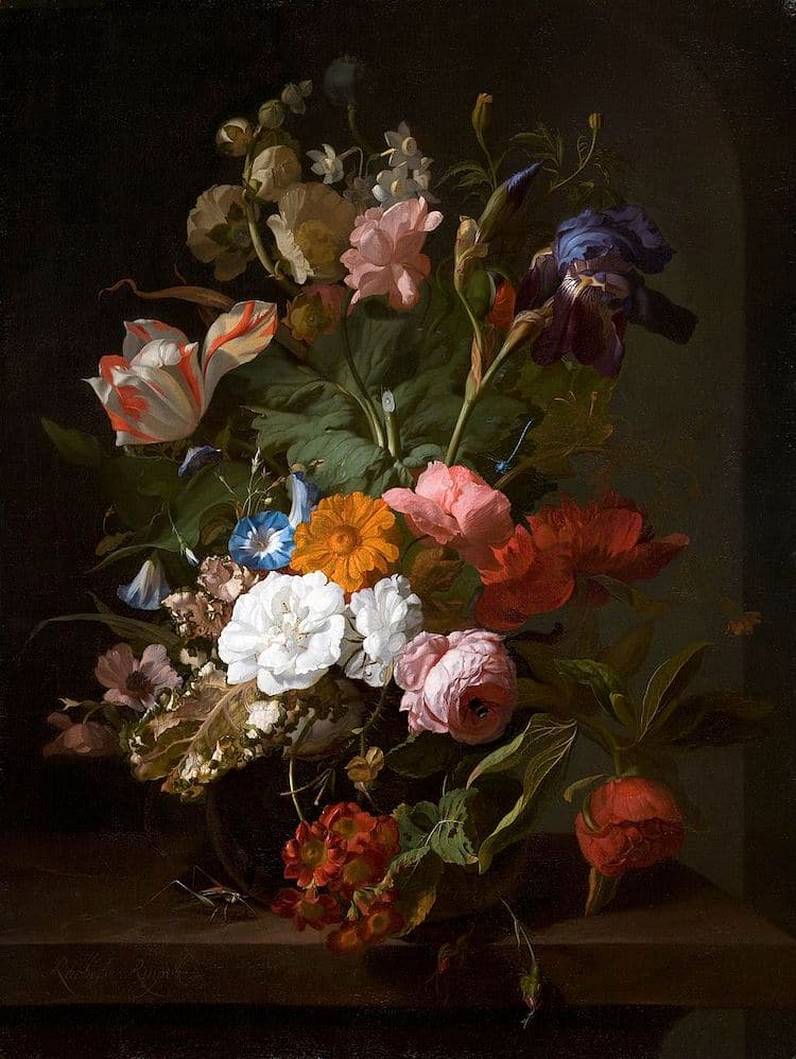 Tác phẩm tranh hoa sơn dầu ‘Flowers in a Glass Vase’ - Cricket in a Niche’ Rachel Ruysch