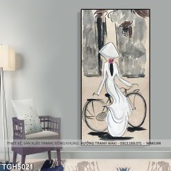 Tranh cô gái áo dài ngồi xe đạp