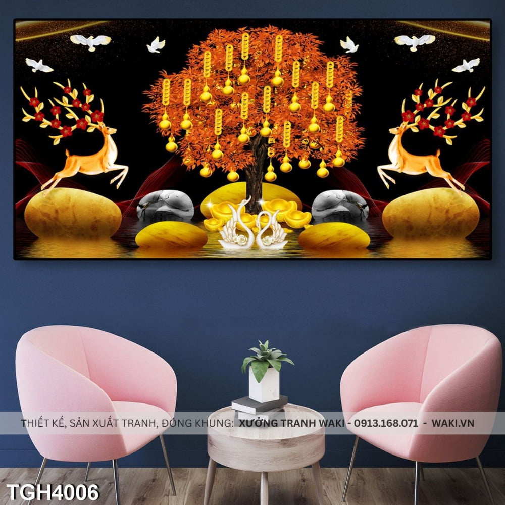 Tranh song hươu đón lộc | Tranh mệnh kim TGH4006 Mau Tranh Treo Tuong Waki.vn Xuongtranhwaki 0909439071 998