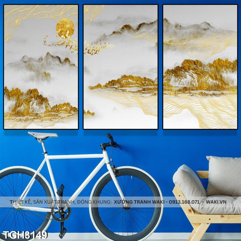 Đặt mua Bộ 3 tranh phòng khách " Mây núi vàng " | Tranh treo tường WR7723