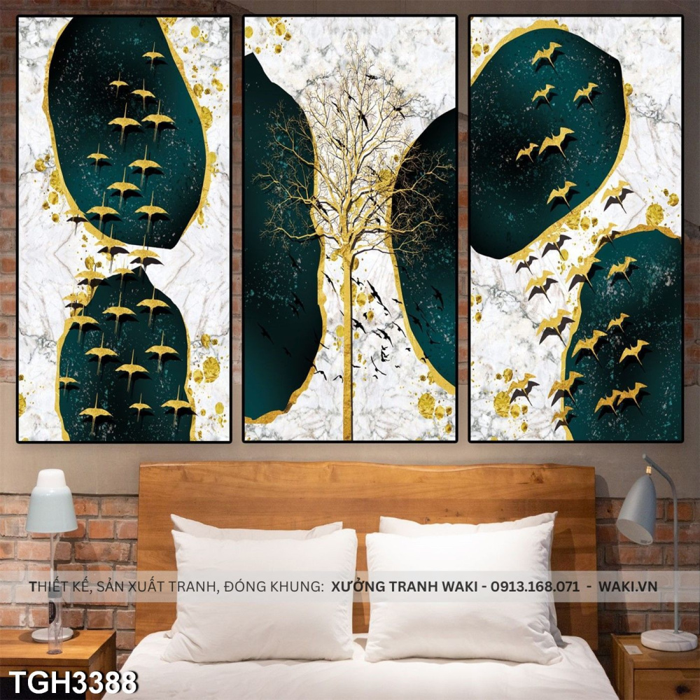 Bộ 3 tranh phòng ngủ " Đàn chim vàng " | Tranh hiện đại TGH3388 Đặt mua Bộ 3 tranh phòng ngủ " Đàn chim vàng " | Tranh hiện đại TGH3388