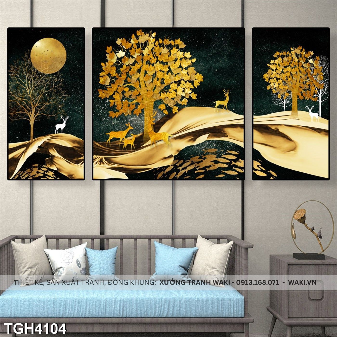 Đặt mua Bộ 3 tranh Tranh và cây vàng | Tranh phòng khách ấn tượng  TGH4104