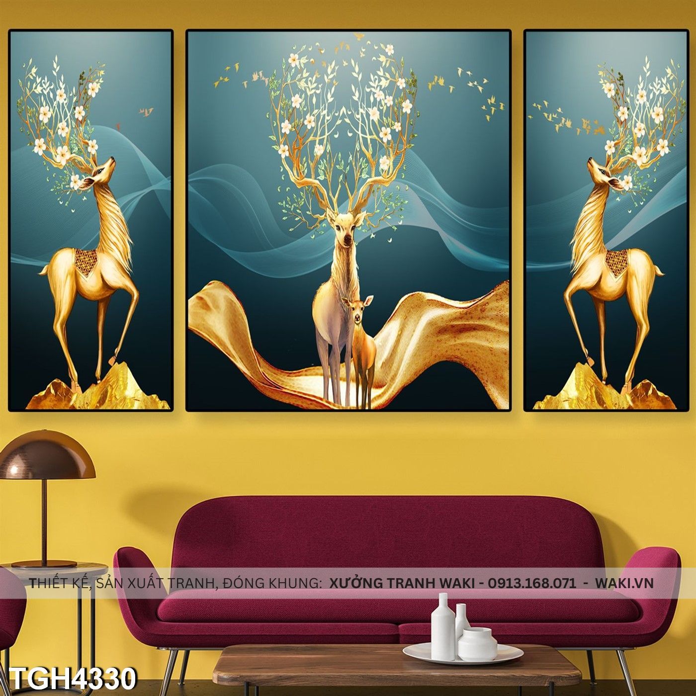 Đặt mua Bộ 3 tranh về 3 con hươu | Tranh phòng khách giá rẻ TGH4330