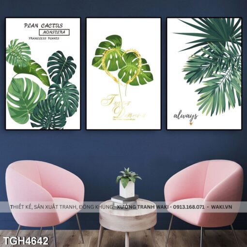 Bộ 3 tranh lá xanh châu Á  | Mẫu tranh giá rẻ treo tường hiện đại TGH4642