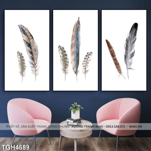Bộ 3 tranh lông vũ trang trí ngôi nhà  | Tranh canvas độc đáo khổ lớn TGH4689