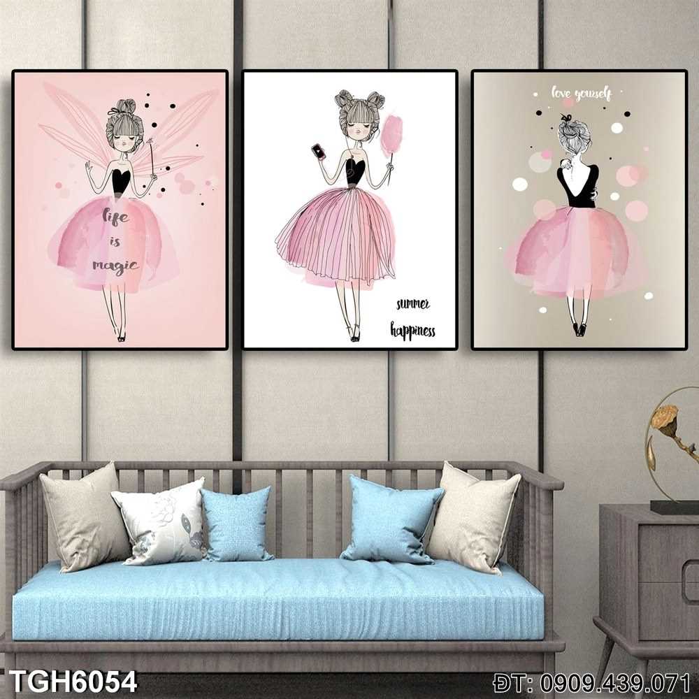 Đặt mua Bộ 3 tranh Đầm Hồng Đáng Yêu